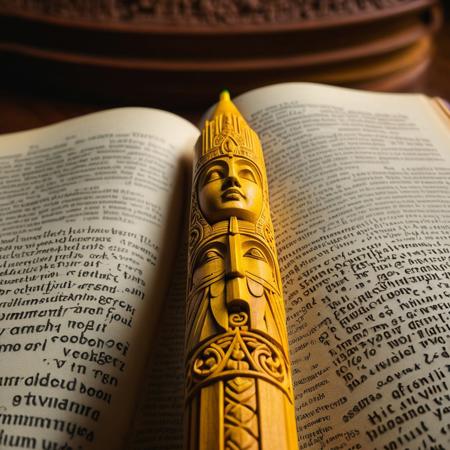 portrait, masterpiece, 4k, ray tracing, intricate details, highly-detailed, hyper-realistic, 8k RAW Editorial Photo.
a miniature pencil-totem-pole carved out of a yellow standard no2 pencil, an intricate and highly detailed sculpture carved into the body of a standard pencil. resting on a book, the carvings depict miniature human figures engaged in various activities, as well as ornate architectural and decorative elements, remarkable craftsmanship.
cinematic light, dramatic light, shallow depth of field,  high budget, bokeh, cinemascope, film grain,