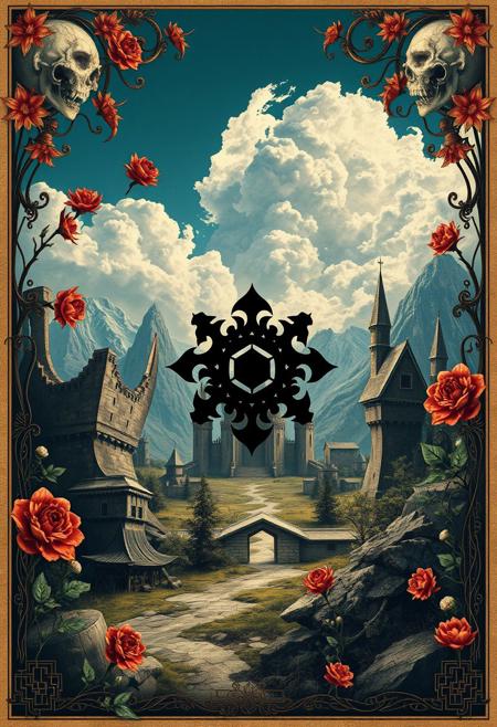 A fantasy-inspired advertisement, where a bold, graphic centerpiece is framed by highly detailed floral and medieval patterns, merging vintage commercial art with storybook elegance., surreal landscape photography meets expressionist figuration, constructed environments with raw, distorted human elements, hyperreal nature infused with bold linework and visceral emotion, manipulated scale and perspective, stark contrast between artificial beauty and human brutality, expressive textures in staged settings, psychological symbolism, modernist grotesque forms set within photographic landscapes, architectural fragments and surreal models clashing with abstract figures, ambiguous spatial narratives, visual tension between control and chaos, hybrid of photographic realism and neo-expressionist intensity