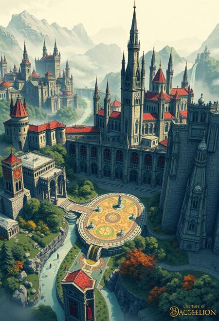 a breathtakingly detailed, high-contrast, ultra-high-resolution blueprint illustration of a sprawling, majestic Imperial city set in a fantastical world, with intricate stone architecture, grandiose spires, and majestic archways, surrounded by lush, vibrant forests and meandering rivers, with minute details such as ornate fountains, intricate mosaics, and regal crests, rendered in a mix of traditional and digital media, with bold, expressive lines, and a predominantly muted color palette with splashes of gold, crimson, and cerulean, accented by subtle, atmospheric lighting and misty ambient effects, conveying a sense of grandeur, mystery, and ancient history.