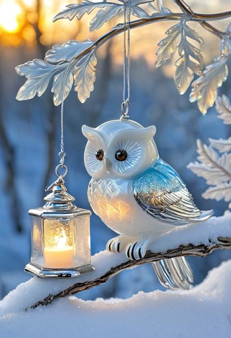 A wise, adorable owl sculpted from delicate fused glass, perched on a sparkling glass branch in the middle of a winter wonderland. Its feathers are a soft gradient of frosty whites, soft blues, and sparkling silver, with tiny glittering accents that catch the light. The owl’s eyes glow with warmth, like tiny glass moons, reflecting the snowy landscape around it.
The winter forest is peaceful and magical, with soft snowflakes of translucent glass gently falling through the air, each one catching the light in a cascade of sparkling reflections. The trees are made of icy glass, their branches covered in shimmering frost. In the background, a warm, glowing glass lantern softly illuminates the scene, casting a cozy glow over the owl and the snowy landscape.
Fused Glass style, ultra-detailed, wintry magic, glowing transparency, soft silver hues, intricate feather design, glowing reflections, serene atmosphere. novuschroma54 style,