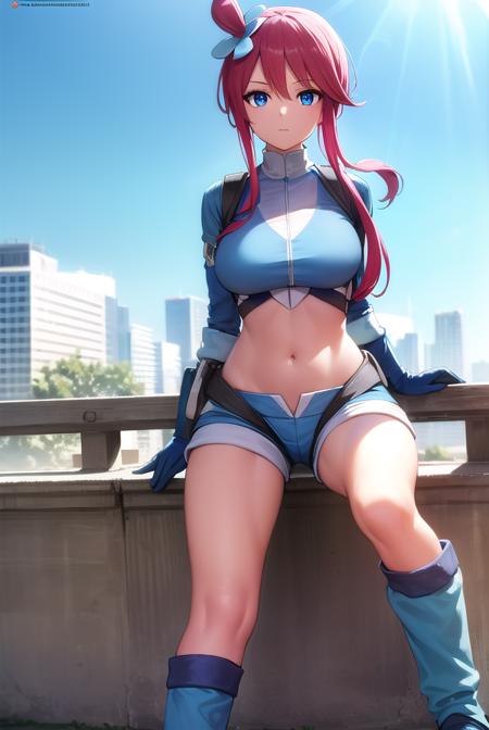 pokemonskyla, blue eyes, hair ornament, one side up, red hair, short hair with long locks, sidelocks, blue footwear, blue gloves, blue jacket, blue shorts, boots, crop top, cropped jacket, gloves, jacket, midriff, navel, short shorts, shorts, thigh pouch,