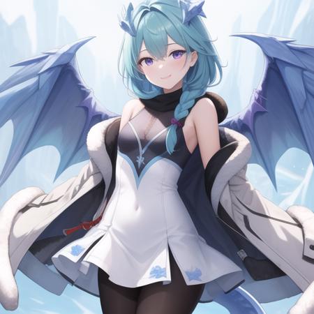 (masterpiece, best quality:1.2),illustration,8k,hd,1girl,solo,cowboy shot,fur trim,tail,dragon tail,horns,purple eyes,dragon girl,dragon horns,wings,gloves,pantyhose,white dress,dress,looking at viewer,dragon wings,coat,braid,blue hair,black gloves,hooded coat,boots,hood down,smile,ice,long hair,bangs,sleeveless,single braid,fur-trimmed coat,open coat,blue wings,fur-trimmed hood,hood,bare shoulders,black pantyhose,hair over shoulder,fur-trimmed boots,<lora:Shefi(pri)>,