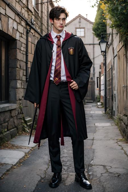 1boy, black_footwear, black_hair, black_pants, full_body, glasses, hogwarts_school_uniform, school, male_focus, necktie, shoes, solo, standing,wand, looking_at_viewer, shirt, long_sleeves, holding, school_uniform, pants, animification, one hand holding_wand, HP robe, outfit <lora:HP:0.8>