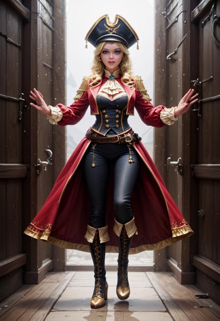 score_9, score_8_up, score_7_up,  1girl (medium full shot) of (lovely young woman:1.1) pirate swedish with blonde hair in a braid, blue eyes, fair skin, slender,             wearing Crimson velvet coat adorned with gold embroidery, fitted black trousers, wide-brimmed hat, polished boots, hook hand, wielding cutlass with a curved blade and brass hilt, ,finger heart, outstretched arm,  humiliated,           in  crowded deck of a merchant ship or warship, with sailors and soldiers bustling about their duties, as well as with opportunities for boarding actions, prize captures, and naval engagements against enemy vessels  Masterpiece,best quality, photorealistic, amazing quality, very aesthetic, extremely detailed face,
