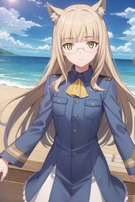 perrineclostermann, <lora:perrine clostermann anime-lora-nochekaiser:1>,
perrine clostermann, long hair, blonde hair, animal ears, (yellow eyes:1.5), glasses, dog ears,
BREAK uniform, military, military uniform, ascot, white ascot,
BREAK outdoors, ship, ocean, sun, sky, clouds,
BREAK looking at viewer, (cowboy shot:1.5),
BREAK <lyco:GoodHands-beta2:1>, (masterpiece:1.2), best quality, high resolution, unity 8k wallpaper, (illustration:0.8), (beautiful detailed eyes:1.6), extremely detailed face, perfect lighting, extremely detailed CG, (perfect hands, perfect anatomy),