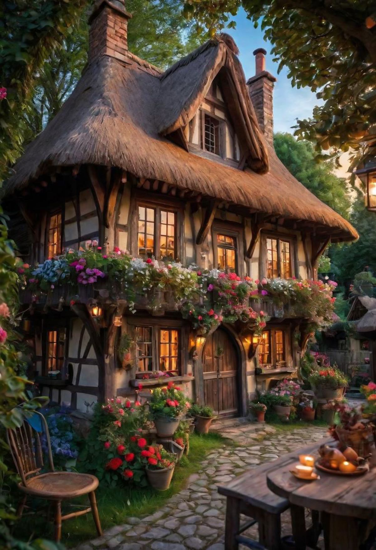 A charming, flower-adorned cottage with a thatched roof.