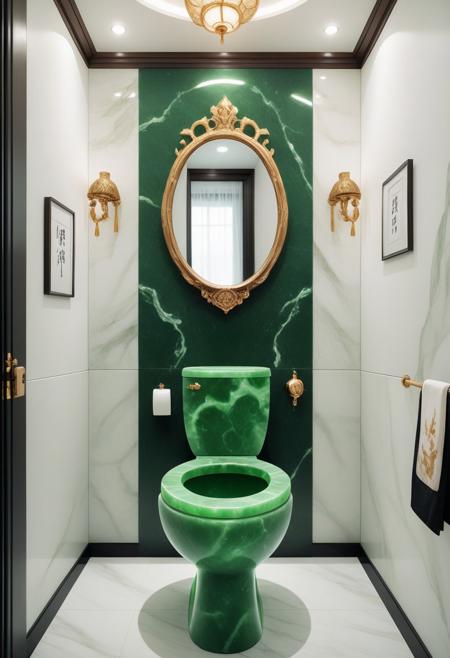 lazympos, green toilet made from jade, photo, interior, high quality, white walls
