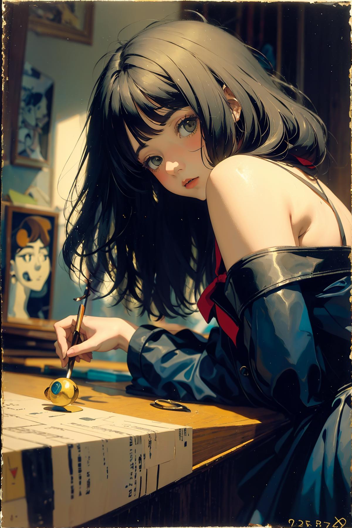 A young woman writing with a fountain pen at a wooden desk.