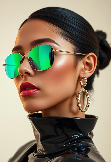 The reflective surfaces of her earrings and outfit create a dynamic interplay with the environment, emphasizing her sleek presence. The minimalist background allows the viewer to focus on her eye-catching fashion and makeup. Captured with a Sony A7R IV camera and a 50mm f/1.2 G Master lens for a beauty editorial shoot, this composition highlights her fashion-forward aesthetic. Inspired by avant-garde fashion photography from Sølve Sundsbø, this image blends contemporary fashion and minimalist elegance, embodying mythp0rt and niji_flux styles for a sleek, high-fashion vision. ((glow_skin, iridescent skin, oily skin, portrait))