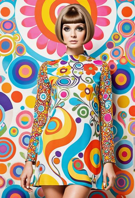 She mod mini dress, psychedelic swirls, Twiggy-inspired haircut and a bold, vibrant hues, bold patterns, flower power fashion, swinging sixties, kaleidoscopic dreams,highly intricate, 60s,  hyper detailed, photorealistic, white background