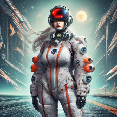 score_9, score_8_up, score_7_up, best quality,  robot girl, solo, mcnm, brushstroke, mechanical visor, space helmet, rainbow glow, streamlined platinum space suit, galaxy long hair, standing, hands on hip, cross leg, wind swept hair, wide beach, beautiful sea, mad-cable, woman in kimono, yellow moon, cyberpunk, dynamic pose, teal and orange, (masterpiece:1.2), best quality, 8k