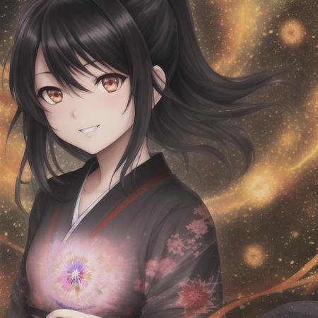 art by yaguru magiku, A teenage girl wearing a black yukata, angry smile, in the style of Kyoto Animation in the 2010s, official art, ((((black hair)), eyes of Haruhi Suzumiya, face of Haruhi Suzumiya)), beautiful symmetric face, ponytail, in the universe with stars and galaxies, psychedelic art, rainbows, transcendence, alone, solo, 8k, posing of Haruhi Suzumiya