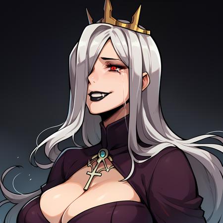 QueenNancy long hair, hair over one eye, black hair, crown, purple dress long hair, hair over one eye,red eyes, grey hair, bone crown,torn purple dress,black lipstick,