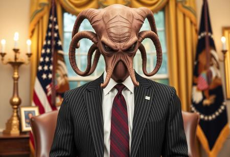 president cthulu in a sharp pin striped suit posing for presidential portrait in the oval office, real photograph