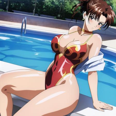 Masterpiece, best quality, absurdres, Anime screencap, beautiful, perfect lighting, hyper detailed, Chun-li, swimsuit, 1girl, one-piece swimsuit, breasts, short hair, pool, choker, cleavage, highleg swimsuit, competition swimsuit, cross, looking at viewer, wet, solo, jewelry, brown eyes, sitting, highleg, poolside, large breasts, off shoulder, bare shoulders, brown hair, necklace, jacket, water, thighs, covered navel, collarbone, earrings, white jacket, blush, <lora:aSFIIMovieCLV14p:0.85>