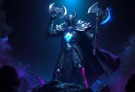 "Create a highly detailed, hyperrealistic image of a Dark Flare Knight named Grarl, inspired by Michał Karcz and the Warhammer art style. The knight should be holding a Gravity Axe, with a blue diamond embedded in it, and a shortsword at the waist. The scene should be lit with blue and purple lighting, and feature a holy light shining down. The knight should have one fist raised in triumph, standing above the black depths. Apply the principles of the golden ratio and incorporate a reincarnated as a slime theme. Render in a 3D program such as Maya or Blender, aiming for a final render that captures the essence of the prompt and could be featured on ArtStation or Behance."