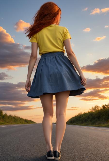 (high detail of objects, high-quality image, realistic photo), (Ukraine: 0.8), a young girl walks along the road, (long stockings, short skirt, T-shirt: 0.8), (sunset, yellow-blue sky: 0, 4), cloudy time of day, close-up, (Ukrainian theme: 0.5), (back view, full length: 1), long red hair