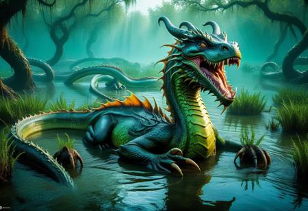 eerie swamp, hydra, many headed dragon, long necks, (one body), wet, half submerged, glistening scales, (absurd res:1.2), (photorealistic:1.2), BREAK, (8k:1.0), (hi res:1.0), (masterpiece:1.0), (best quality:1.0), (realistic:1.2), (ph0t0x2:1.0), (vibrant colors:1.0)