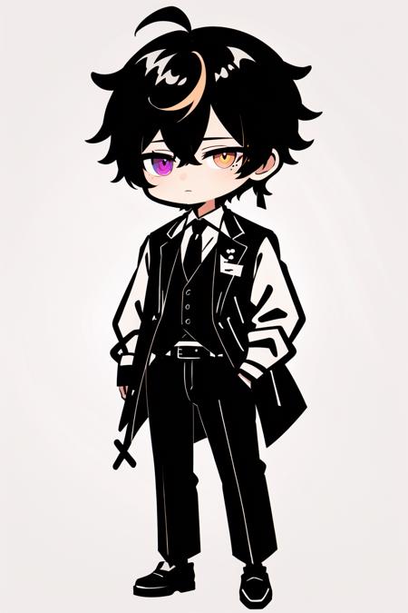 <lora:cute_flatline:1>, virtual youtuber, 1boy, male focus, solo, orange hair, full body, mole under eye, black vest, shirt, vest, sleeves rolled up, mole, pants, heterochromia, looking at viewer, orange eyes, collared shirt, belt, purple eyes, white background, necktie, standing, ribbon, grey shirt, black pants, simple background, short hair, black footwear, neck ribbon, buttons, multicolored hair, buckle, belt buckle, ahoge, straight-on, bangs, shoes