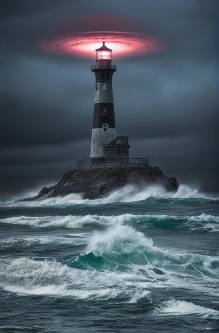 (((Introduce quality iteratively)))(glowing UFO craft emerges in the midst of a fierce winter ice storm, UFO enormous waves, howling wind. The sky is dark and turbulent, with distant lightning illuminating the chaotic scene. Nearby a sturdy lighthouse stands on a rugged cliff its beacon piercing through the tempest, offering a glimmer of hope amidst the fury of the storm. Below the cliff, the wrecks of other ships lie scattered)(evocative depth of field)(absolute sharpness)(true black point)(art of genius)(relativistic gradients)((vibrant colorful saturated hues))((dark corners vignette))
<lora:LCM-LoRA-XL_V1:0.21>
<lora:SDXLHighDetail_v5:0.3>