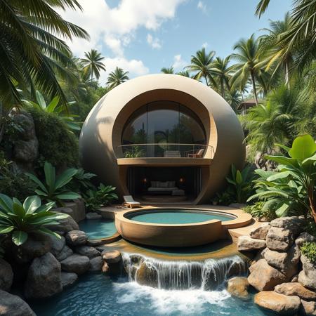 A futuristic concrete woden spherical baboo  modern house with swimigpool on a waterfall inspired from a famous architect, with exotic luxuriant vegetation around, in a tropical jungle setting, near a beach, photorealistic, a masterpiece, 4K, high details, view from close, wide lenses camera
