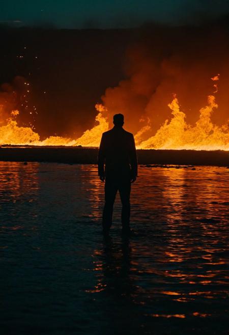 In the midst of a desolate and dry landscape, as dusk settles over the horizon, a lone figure stands before a roaring blaze, his silhouette stark against the fiery backdrop and the vast expanse of the night sky. With a shallow depth of field, the figure stands slightly blurred, while the flames take center stage, their intricate dance of light and shadow captured with breathtaking clarity and depth in ultra-realistic 8K resolution. This gorgeous cinematography, reminiscent of the works of Denis Villeneuve and Roger Deakins, is further accentuated by the addition of a grain effect, lending a timeless quality to the scene. The play of light and shadow, meticulously crafted, lends an atmosphere of both danger and mystique to the surroundings, as if every flicker of flame holds a secret waiting to be revealed. Enhanced by epic VFX, the fire rages with a visceral intensity, engulfing the viewer in its mesmerizing glow. Yet, amidst this inferno, the figure remains stoic, a testament to human resilience amidst chaos. Detailed reflections of the flames on the water shimmer with teal and orange hues, adding to the surreal beauty of the composition. The shot, reminiscent of cinematic grandeur, evokes a sense of awe and wonder, transporting the viewer into a world of stunning visual poetry.