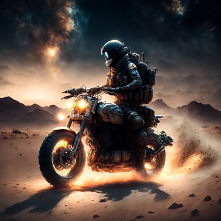 anime, a soldier on a motorcycle in the desert at night (armybiker style:1)  <lora:djzArmyBiker:0.8>