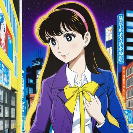 Anime, best quality, 1girl, city pop, night, neon light, looking at another, upper body, vector illustration, jacket, light smile, blunt bangs, long hair
anime by Osamu Tezuka, 80s, big eyes, illustration,
(film still, image still),

complex stuff background, 