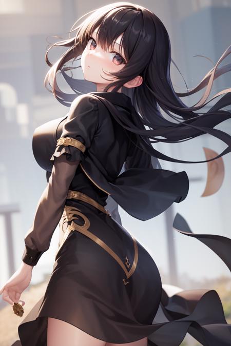 masterpiece, best quality, highres, 1girl, expressionless, wind blowing, standing, from behind, looking at viewer, shaft head tilt  <lora:shaft_head_tilt2:1.4>