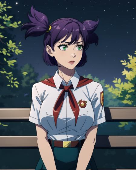 bllena, green eyes, purple hair, twintails, white shirt, red badge on shirt, red bow-tied neckerchief, leather belt, blue skirt, yellow hairpin