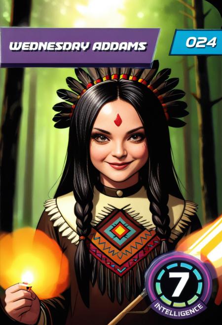 (best quality, masterpiece, absurdres, highres, ultra_detailed, dynamic angle:1.2), herocard, intelligence7, portrait of Wednesday Addams (dressed as a apache girl, feathered clothes, native american headdress:1.3), light smile, (holding a lit match:1.3), outdoor, forest, index024, (intricate details, hyperdetailed:1.15), (ultrahigh resolution textures), bokeh, (volumetric, cinematic) lighting, depth of field, <lora:marvel_promo_cards_2023_locon_xl_hero_v1:0.8>