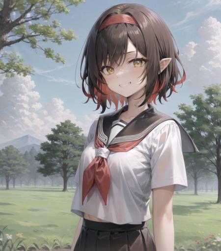 solo, short hair, smug grin, <lora:Gena9-10:0.5>, colored tips, two-tone hair, multicolored hair, red hairband, (brown hair:1.1), red hair, blue sky, clouds, park, trees, field, serafuku, white shirt, blue_sailor_collar, red_neckerchief, kitauji_high_school_uniform, blue skirt, pleated skirt, solo