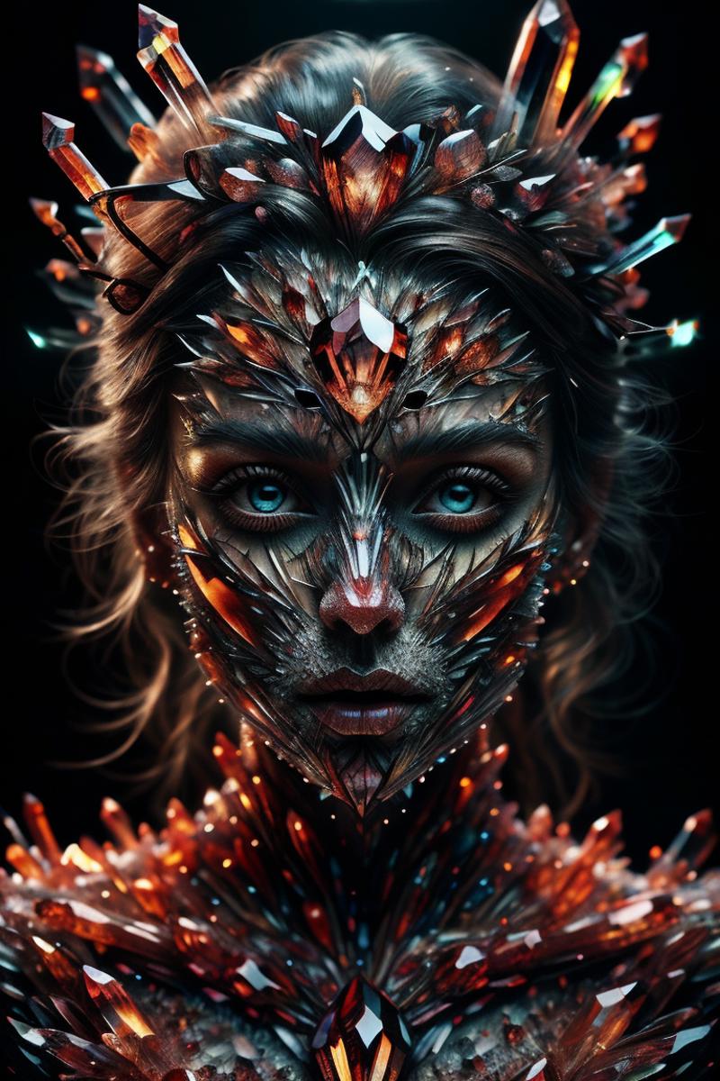 An artistic portrait of a woman with a face covered in jagged, pointy crystals.