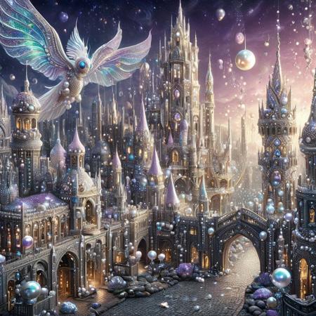 8k, score_9, score_8_up, score_7_up,
High Fantasy City, Pearlescent Citadel
BREAK
A breathtaking, panoramic view of a majestic high fantasy city nestled within a fantastical landscape. Towering spires and grand castles, crafted from an elegant, iridescent pearl-like stone, pierce the sky, their surfaces shimmering with a pearlescent sheen. The city is alive with soft, magical lights in hues of warm gold, soft pink, and deep violet, emanating from enchanted crystals and glowing flora. Ancient banners flutter from ornate towers, and graceful, pearl-winged creatures soar through the air, weaving between the magnificent structures. The atmosphere is a stunning blend of ancient grandeur and ethereal beauty.
BREAK
high fantasy, cityscape, Pearlum,. fantastical architecture, pearlescent buildings, iridescent materials, glowing magical lights, enchanted crystals, flowing banners, mythical creatures, flying beings, winding cobblestone streets, intricate details, epic composition, elegant, luxurious, ancient
BREAK
masterpiece, best quality, ultra-detailed, painterly, magical lighting, 8k UHD, vibrant colors, sharp focus