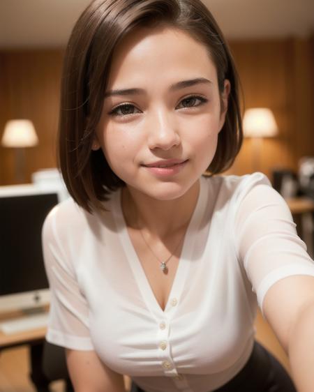 best quality, face focus, soft light, (depth of field) ,ultra high res, (photorealistic:1.4), RAW photo, ambient occlusion,standing ,posing,(portrait:1.4), office,
1girl, solo, cute, shy, (smile:1.2), (brown eyes,catch light),  detailed beautiful skin, (dark_hair, short_hair ), (white shirt , black pencil skirt)