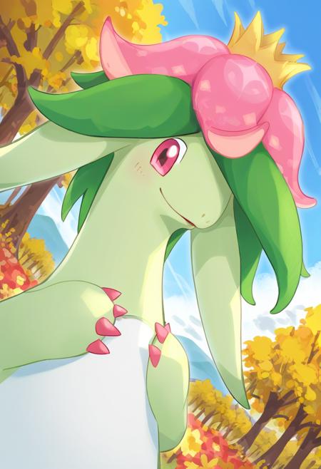 Dinossom_Palworld, pink eyes, white belly, green body, flower, tail, pink claws, flower