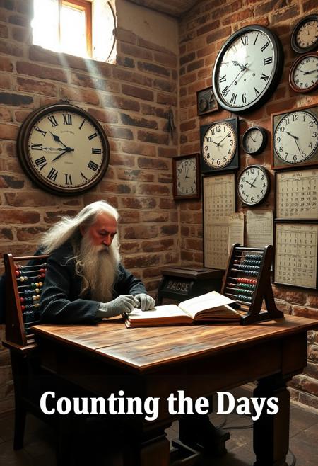 A man with long grey hair, wearing fingerless gloves, sits at an ancient wooden table writing in a ledger, an old colourful abacus stands next to the book. On the bare brick wall a large round clock tells the time and several large wall calendars fill the rest of the wall. The scene is illuminated by a beam of sunlight that shines through a small window high in one wall. The atmosphere is one of time stretching into infinity. Insert the text "Counting the Days" across the bottom