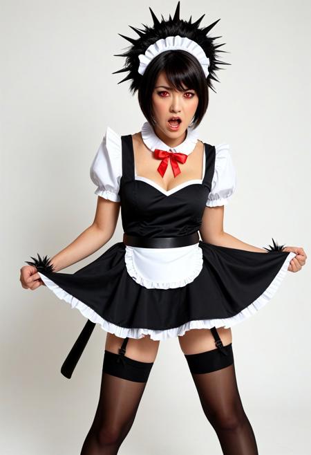 1girl, Ellen_Joe, shark tail, red_eyes, black_hair, short_hair, colored_inner_hair, spiked_bracelet, spiked_collar, maid, maid_headdress, black_dress, frills, puffy_short_sleeves, maid_apron, black_belt, bow, brown_pantyhose, angry, facing_viewer, heart_hands, indoors, dynamic angle, masterpiece, best quality, amazing quality, simple room, (white_background:1.2)