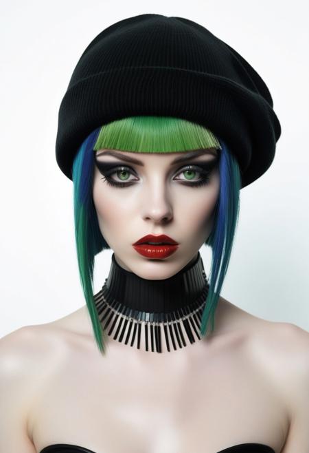 The image is a high-fashion photograph featuring a striking, avant-garde hairstyle and outfit. The subject is a woman with a very pale complexion and a striking, asymmetrical haircut. Her hair is platinum blonde and styled in a dramatic, avant-garde manner, with a bold, black fringe covering her eyes, creating a striking contrast against her pale skin. The fringe is styled to resemble a dramatic, avant-garde mask, adding to the mysterious and otherworldly appearance.
The image is a high-resolution photograph featuring a young woman standing against a plain white background. She has a slender, petite build and long, straight black hair cascading down her back. Her face is adorned with heavy makeup, including dark eyeliner and mascara, and a bold red lip color. She wears a black beanie hat that covers her forehead and part of her hair.
Her outfit is a gothic-inspired ensemble.
The image is a high-resolution photograph featuring a young woman with a striking appearance. She has a deep, rich brown skin tone and is adorned with vibrant, long, green and blue hair extensions styled in a wild, asymmetrical fashion. Her hair is adorned with small, colorful beads and accessories. She has a strong, confident demeanor, leaning on one elbow with her head resting on her hand, giving a contemplative expression.
She is dressed in a bold, eclectic outfit.