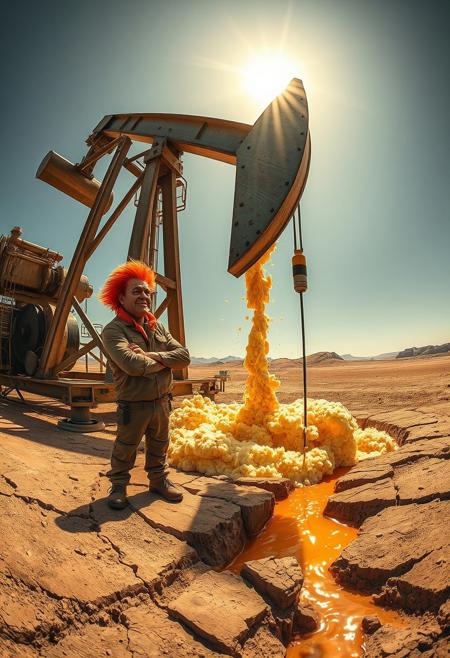 “A massive industrial oil extraction pump working tirelessly in a rugged desert landscape. Instead of crude oil, golden frothy beer erupts from the pierced ground, splashing chaotically under the scorching sun. Foamy rivers of beer flow through the cracked earth, reflecting warm amber hues. Nearby, Sideshow Bob, wearing a rugged oil worker’s suit, stands with a smug expression, arms crossed as he watches the beer gushing. His wild red hair contrasts against the industrial scene. The shot is taken with an extreme 12mm fisheye cinema lens, creating a dramatic, distorted perspective—curved horizon, exaggerated depth, and an immersive wide-angle view. Ultra-detailed, hyperreal textures with a painterly touch, deep contrast, and dynamic lighting.”