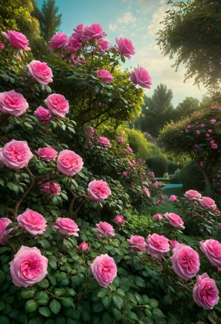Dark pink rose trees in a lush garden, high-quality sharp images, hyper-realistic, cinematic lighting, vivid colors, detailed textures, blooming flowers, masterpiece digital painting by Anna Dittmann and Maxfield Parrish, 8k resolution, highly detailed.