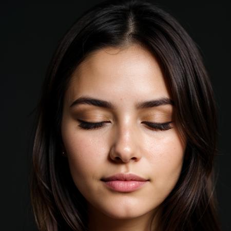 face closeup,closed eyes,brunette,dark theme, detailed skin, empty background