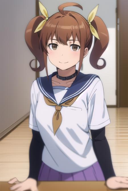 kanaokurusu, <lora:kanao kurusu s2-lora-nochekaiser:1>,
kanao kurusu, brown hair, ribbon, twintails, (brown eyes:1.5), hair ribbon, ahoge, smile, grin,
BREAK skirt, school uniform, serafuku, shirt, white shirt, grey sailor collar, grey skirt, pleated skirt, neckerchief, pink neckerchief,
BREAK indoors, classroom,
BREAK looking at viewer, (cowboy shot:1.5),
BREAK <lyco:GoodHands-beta2:1>, (masterpiece:1.2), best quality, high resolution, unity 8k wallpaper, (illustration:0.8), (beautiful detailed eyes:1.6), extremely detailed face, perfect lighting, extremely detailed CG, (perfect hands, perfect anatomy),