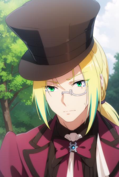 fruitofevolutionvitor, <lora:fruitofevolution vitor s2-lora-nochekaiser:1>,
vitor, long hair, blonde hair, (green eyes:1.3), ponytail, male focus, multicolored hair, glasses, makeup,
BREAK hat, pants, ascot, top hat, monocle,
BREAK outdoors, nature, forest, grass, 
BREAK looking at viewer,
BREAK <lyco:GoodHands-beta2:1>, (masterpiece:1.2), best quality, high resolution, unity 8k wallpaper, (illustration:0.8), (beautiful detailed eyes:1.6), extremely detailed face, perfect lighting, extremely detailed CG, (perfect hands, perfect anatomy),