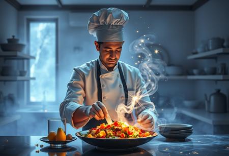 Dream Chef: A cook in an ethereal kitchen, preparing meals from people’s dreams. The ingredients are abstract and surreal—like pieces of imagination, stars, and fragments of memory—and the final dishes are glowing, vibrant creations that evoke specific emotions or dreams in those who taste them.