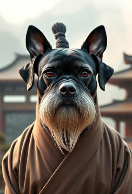 A photorealistic portrait of a black dog with a flat, squashed face, styled like a martial arts master. The dog has a long flowing white beard extending far below its chin, large bushy white eyebrows, and long sideways white whiskers. On top of its head is a traditional topknot bun, resembling Pai Mei from Kill Bill. The dog is wearing traditional East Asian monk robes in neutral tones, with a black sash. It stares directly into the camera with a calm, superior expression. The background is a misty mountain temple scene with warm natural lighting. Vertical 9:16 aspect ratio.