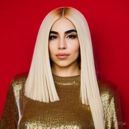 a Realistic portrait of a ava max woman with brown eyes, looking at the viewer, detailed face, detailed eyes, (smiling showing teeth:1.1), perfect slim body, modelshoot style, hand on own shoulder, wearing a red sweater with long sleeves, wearing gold earrings and jewelry, soft lighting, professional Photography, Photorealistic, detailed, standing in a dark Studio Room background, blurred background, RAW, analog, sharp focus, 8k, HD, DSLR, high quality, Fujifilm XT3, film grain, award winning, masterpiece  <lora:ava max v1.4:1>