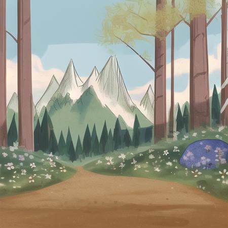 <lora:hannabarbera1:1> hanna barbera, forest, trees, aesthetic blue sky, pebbles, flowers, tree stump, mountains, cloud, pathway