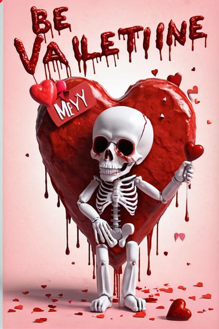 an artists interpretive depiction of the concept of a bloody valentine with the text ("BE MY VALENTINE":1.1), award-winning, professional, highly detailed, high quality, 8k, extremely detailed, multicolored, 8K, beautiful composition, masterpiece, cinematic BREAK (a cute macabre adult valentine's day card with the text "BE MY VALENTINE":1.3)