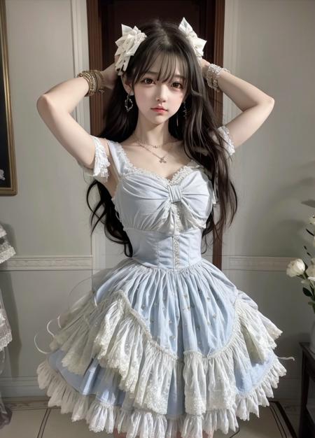 masterpiece,best quality,1girl,solo,looking at viewer,bright light<lora:add_detail:0.7>,jewelry,earrings,necklace,<lora:Blue Hime Basque_20230627170534:0.75> Blue Hime Basque,frilled dress,  <lora:lvxiaolinzi:0.7>